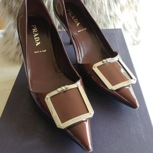 Prada Bronze Pointed Toe Patent Pumps Size 35.5